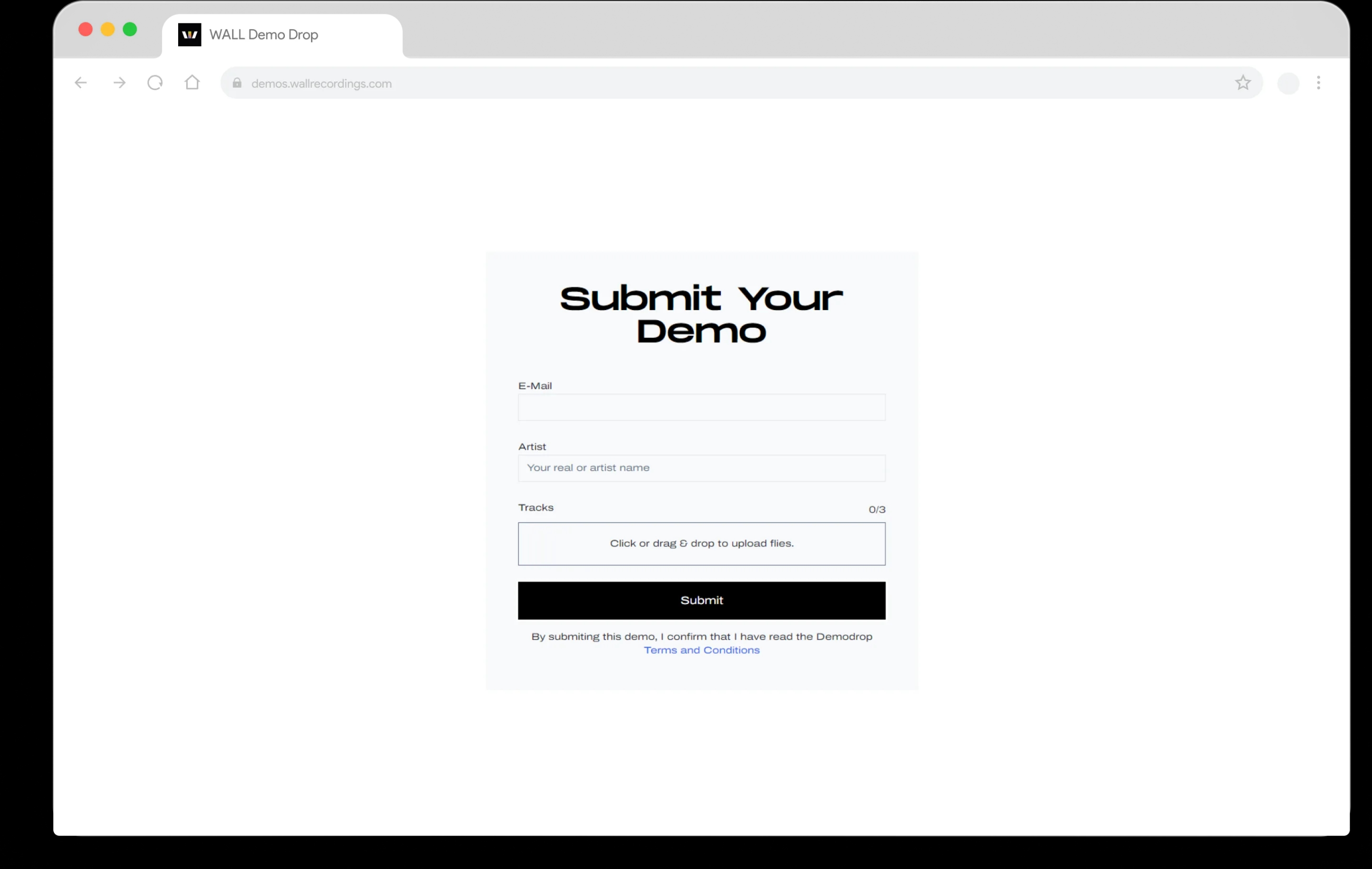 Branded demo submissions page — white-label artist submission form with custom colors and logo