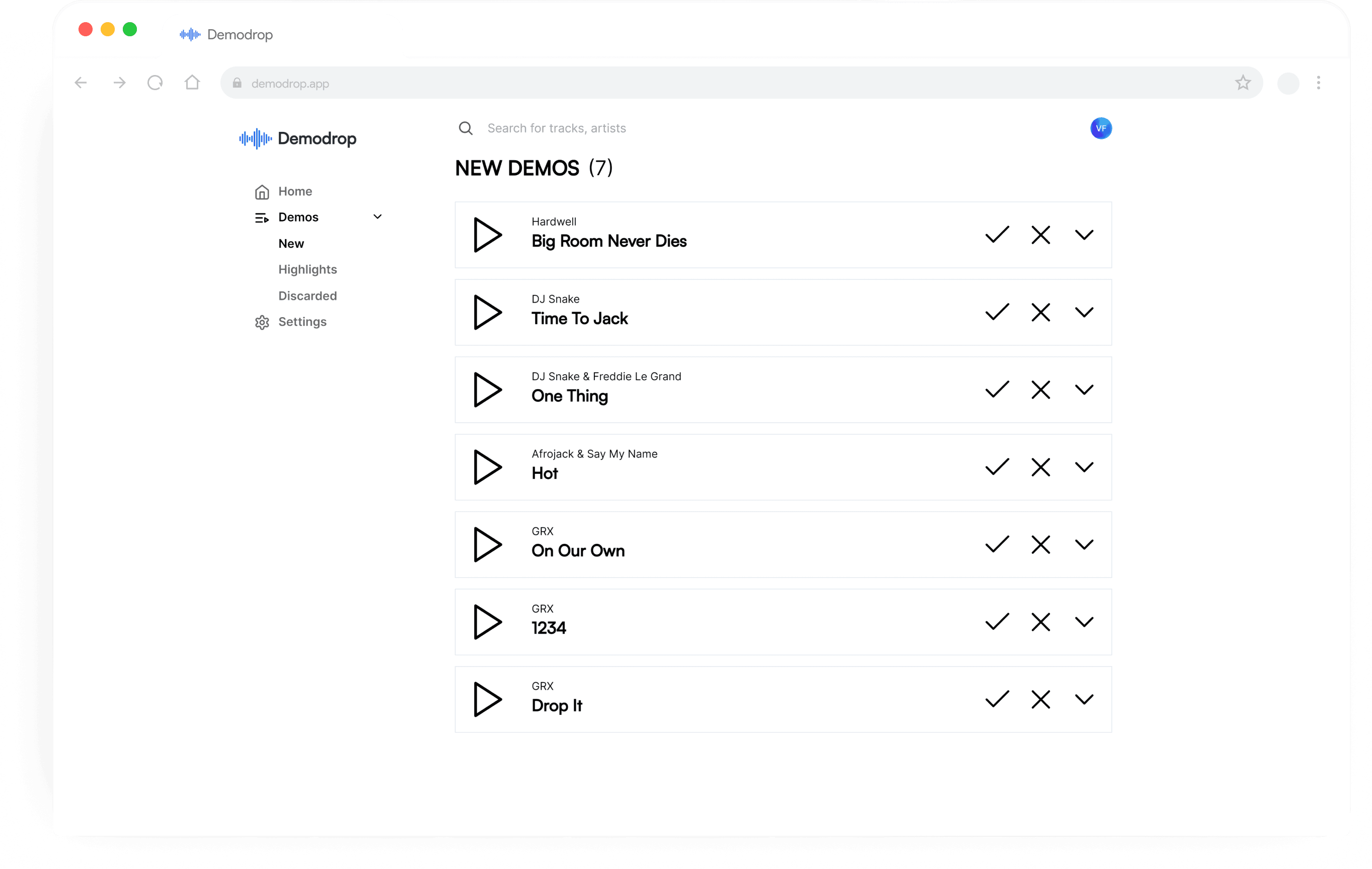 Demodrop demo submissions tool dashboard — review artist submissions and manage your A&R workflow