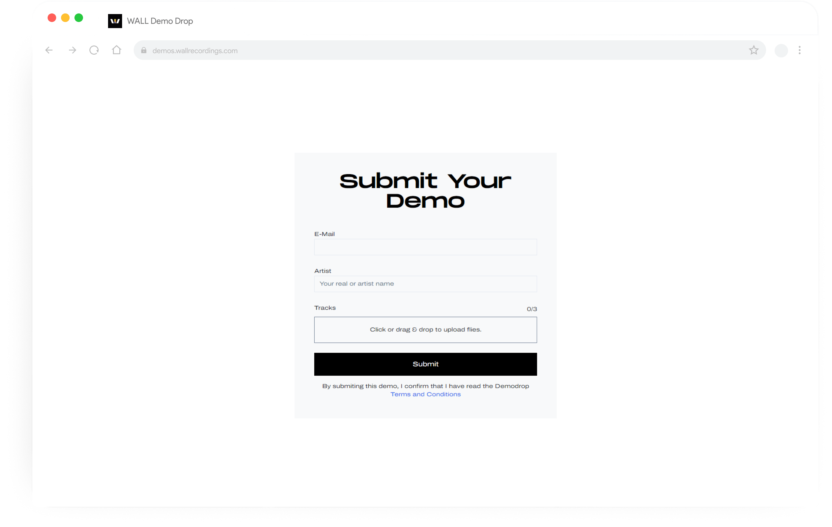 Branded demo submissions page — white-label artist submission form with custom colors and logo